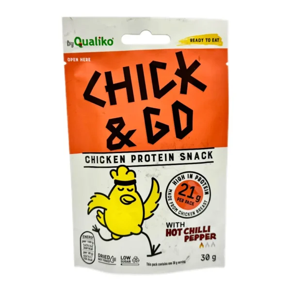 "Qualiko" Suszone filety z piersi kurczaka w marynacie o smaku papryki chili, cienkie plastry. 30 g
