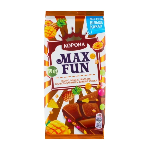 Czekolada mleczna „MaxFun” z kawałkami owocowymi o smaku mango Korona, 150 g
